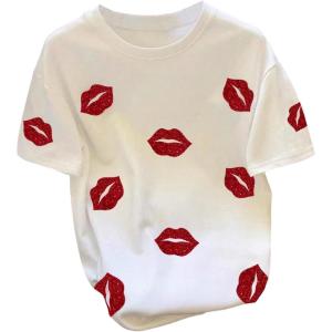 image:imageWomens Beaded Sequin Bowknot T Shirt Short Sleeve Crew Neck Embroidery Trendy Tee Y2k TopsLip White