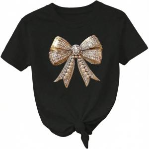 image:imageWomens Beaded Sequin Bowknot T Shirt Short Sleeve Crew Neck Embroidery Trendy Tee Y2k TopsPearl Black