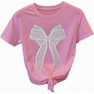 image:imageWomens Beaded Sequin Bowknot T Shirt Short Sleeve Crew Neck Embroidery Trendy Tee Y2k TopsPink