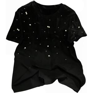 image:imageWomens Beaded Sequin Bowknot T Shirt Short Sleeve Crew Neck Embroidery Trendy Tee Y2k TopsPure Black
