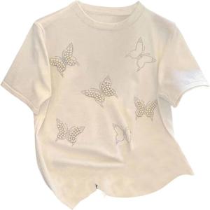 image:imageWomens Beaded Sequin Bowknot T Shirt Short Sleeve Crew Neck Embroidery Trendy Tee Y2k TopsWhite