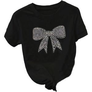 image:imageWomens Beaded Sequin Tops Bowknot Bow T Shirt Short Sleeve Crewneck Trendy Tee Top Y2k TopsBlack