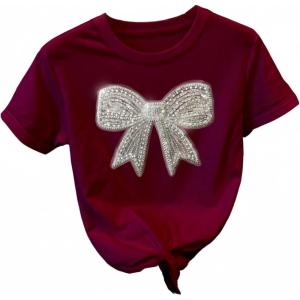 image:imageWomens Beaded Sequin Tops Bowknot Bow T Shirt Short Sleeve Crewneck Trendy Tee Top Y2k TopsBow Burgundy