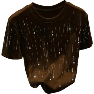 image:imageWomens Beaded Sequin Tops Bowknot Bow T Shirt Short Sleeve Crewneck Trendy Tee Top Y2k TopsBrown