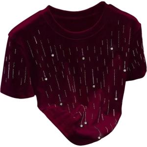 image:imageWomens Beaded Sequin Tops Bowknot Bow T Shirt Short Sleeve Crewneck Trendy Tee Top Y2k TopsBurgundy