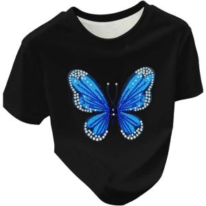 image:imageWomens Beaded Sequin Tops Bowknot Bow T Shirt Short Sleeve Crewneck Trendy Tee Top Y2k TopsButterfly Black