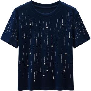 image:imageWomens Beaded Sequin Tops Bowknot Bow T Shirt Short Sleeve Crewneck Trendy Tee Top Y2k TopsDeep Blue