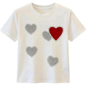image:imageWomens Beaded Sequin Tops Bowknot Bow T Shirt Short Sleeve Crewneck Trendy Tee Top Y2k TopsHeart White and Red