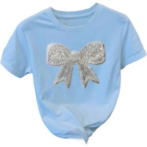 image:imageWomens Beaded Sequin Tops Bowknot Bow T Shirt Short Sleeve Crewneck Trendy Tee Top Y2k TopsLight Blue