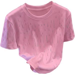 image:imageWomens Beaded Sequin Tops Bowknot Bow T Shirt Short Sleeve Crewneck Trendy Tee Top Y2k TopsLight Pink