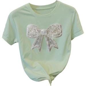 image:imageWomens Beaded Sequin Tops Bowknot Bow T Shirt Short Sleeve Crewneck Trendy Tee Top Y2k TopsMint Green