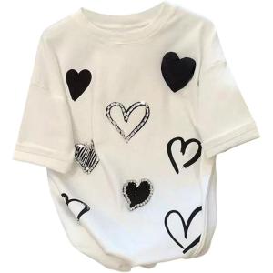 image:imageWomens Beaded Sequin Tops Bowknot Bow T Shirt Short Sleeve Crewneck Trendy Tee Top Y2k TopsMulticolor Black and White