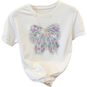 image:imageWomens Beaded Sequin Tops Bowknot Bow T Shirt Short Sleeve Crewneck Trendy Tee Top Y2k TopsMuti White