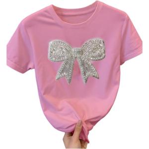 image:imageWomens Beaded Sequin Tops Bowknot Bow T Shirt Short Sleeve Crewneck Trendy Tee Top Y2k TopsPink