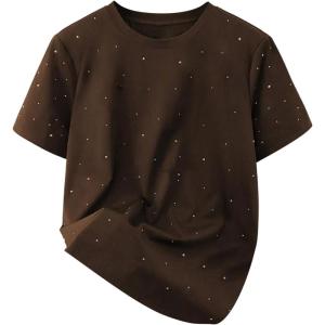 image:imageWomens Beaded Sequin Tops Bowknot Bow T Shirt Short Sleeve Crewneck Trendy Tee Top Y2k TopsShine Brown