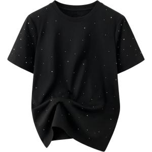 image:imageWomens Beaded Sequin Tops Bowknot Bow T Shirt Short Sleeve Crewneck Trendy Tee Top Y2k TopsSoft Black