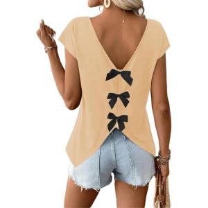 image:imageWomens Bow Shirts Short Cap Sleeve V Neck Asymmetrical Backless Tops Elegant Casual Summer TopsApricot