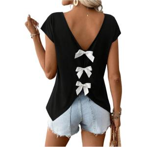 image:imageWomens Bow Shirts Short Cap Sleeve V Neck Asymmetrical Backless Tops Elegant Casual Summer TopsBlack