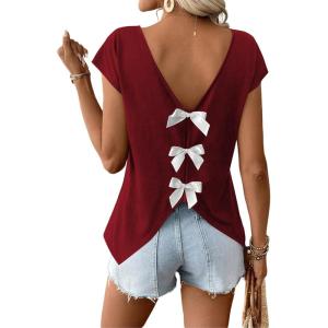 image:imageWomens Bow Shirts Short Cap Sleeve V Neck Asymmetrical Backless Tops Elegant Casual Summer TopsBurgundy