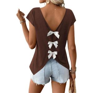image:imageWomens Bow Shirts Short Cap Sleeve V Neck Asymmetrical Backless Tops Elegant Casual Summer TopsChocolate Brown