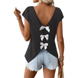 image:imageWomens Bow Shirts Short Cap Sleeve V Neck Asymmetrical Backless Tops Elegant Casual Summer TopsDark Grey