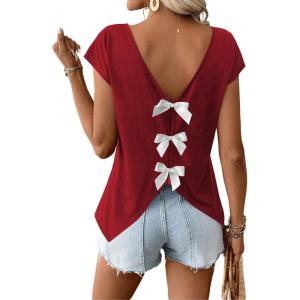 image:imageWomens Bow Shirts Short Cap Sleeve V Neck Asymmetrical Backless Tops Elegant Casual Summer TopsDark Red