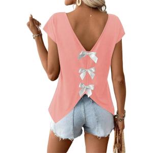 image:imageWomens Bow Shirts Short Cap Sleeve V Neck Asymmetrical Backless Tops Elegant Casual Summer TopsPink