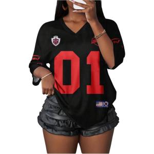 image:imageWomens Camo Jersey Shirts Half Sleeve V Neck Number Graphic Tees Sports Football Jersey StreetwearBlack Red