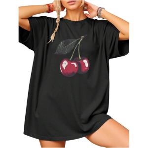 image:imageWomens Cherry Graphic Tees Top Crewneck Short Sleeve Baggy T ShirtBlack