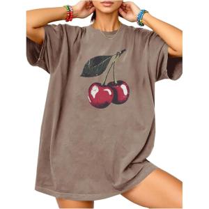 image:imageWomens Cherry Graphic Tees Top Crewneck Short Sleeve Baggy T ShirtKhaki