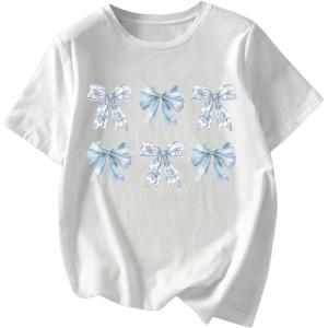 image:imageWomens Cute Bowknot Graphic Tees Crewneck Short Sleeve T Shirts Casual Summer TopsWhite