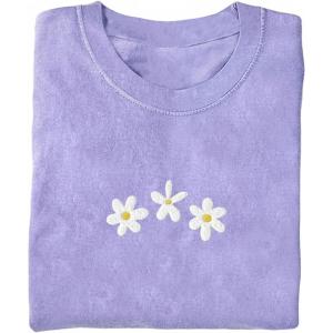 image:imageWomens Daisy Embroidered Tops Crewneck Short Sleeve T Shirts Cute Summer TopsViolet Purple