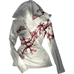 image:imageWomens Floral Hooded T Shirt Long Sleeve Tee Cinched Waist Tops Cherry Blossom TopWhite and Red