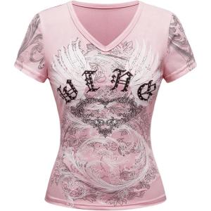 image:imageWomens Gothic Y2K Rhinestone Graphic Tees V Neck Short Sleeve Fitted Crop Tops Street T ShirtLight Pink