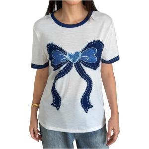 image:imageWomens Graphic Cherry Bow Tees Casual Letter Print Round Neck T Shirt Summer Short Sleeve Trendy TopsWhite Bow Blue
