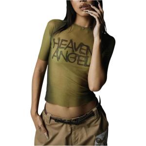 image:imageWomens Graphic Print Sheer Crop Tees Short Sleeve Crew Neck TShirts Going Out TopsGreen