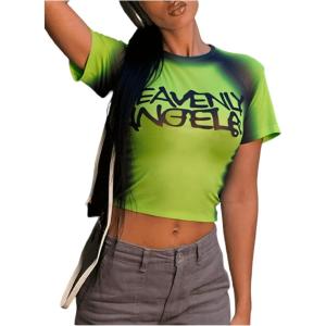 image:imageWomens Graphic Print Sheer Crop Tees Short Sleeve Crew Neck TShirts Going Out TopsLime Green