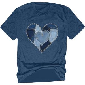 image:imageWomens Heart Patchwork Lemon Fruit Printed Summer T Shirt Short Sleeve Crewneck Graphic Tees TopsDeep Blue