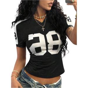 image:imageWomens Jersey Shirts V Neck Short Sleeve Graphic Tees Number Color Block Fitted Sports Crop TopsBlack and White