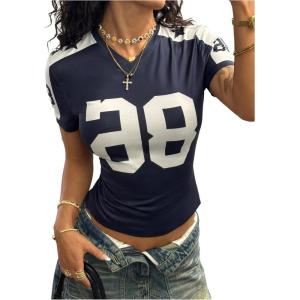 image:imageWomens Jersey Shirts V Neck Short Sleeve Graphic Tees Number Color Block Fitted Sports Crop TopsDeep Blue