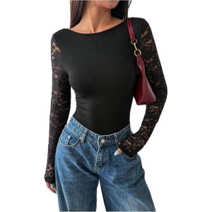 image:imageWomens Lace Mesh Patchwork Tops Backless Long Sleeve T Shirts Slim Fit Crop TopsBlack