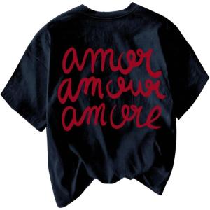 image:imageWomens Letter Graphic Tees Crew Neck Short Sleeve T Shirts Summer OutfitsDeep Blue