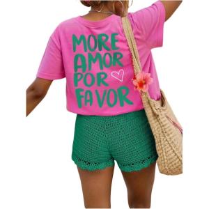 image:imageWomens Letter Graphic Tees Crew Neck Short Sleeve T Shirts Summer OutfitsPink