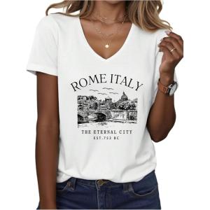 image:imageWomens Letter Graphic Tees V Neck Short Sleeve Casual T Shirts Old Money TopsWhite