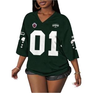 image:imageWomens Number Graphic Mesh Oversized Jersey Shirts Y2K Half Sleeve V Neck Athletic ShirtsMulticolor