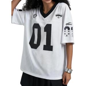image:imageWomens Number Print Mesh Oversized Jersey Shirts Striped Trim Half Sleeve Baggy Camo Graphic TeesBlack and White