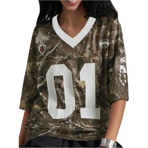 image:imageWomens Number Print Mesh Oversized Jersey Shirts Striped Trim Half Sleeve Baggy Camo Graphic TeesCamo Multicolor