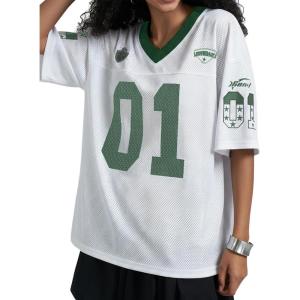 image:imageWomens Number Print Mesh Oversized Jersey Shirts Striped Trim Half Sleeve Baggy Camo Graphic TeesDark Green