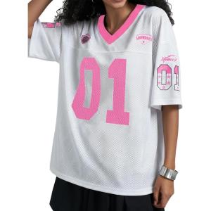 image:imageWomens Number Print Mesh Oversized Jersey Shirts Striped Trim Half Sleeve Baggy Camo Graphic TeesHot Pink