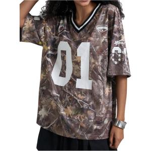 image:imageWomens Number Print Mesh Oversized Jersey Shirts Striped Trim Half Sleeve Baggy Camo Graphic TeesMulticolor